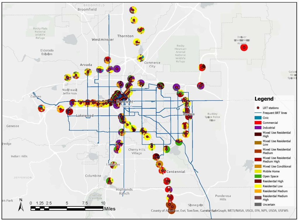 Map of Denver-region light rail stations and frequent bus lines, with a half-mile circle around each station colored by the generalized zoning categories within it, such as residential low, mixed use, commercial, and industrial.