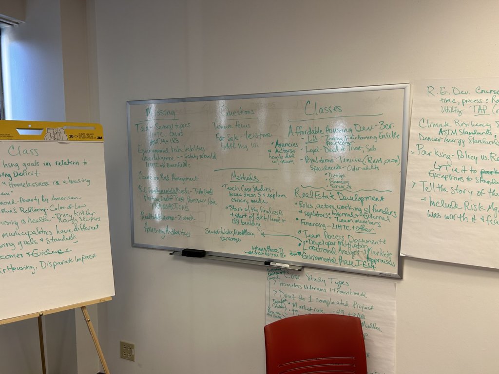 Whiteboard and flip-chart notes from a housing practitioner focus group, listing missing topics such as tax credits, environmental due diligence, and real estate transactions, alongside proposed classes in affordable housing and real estate development.
