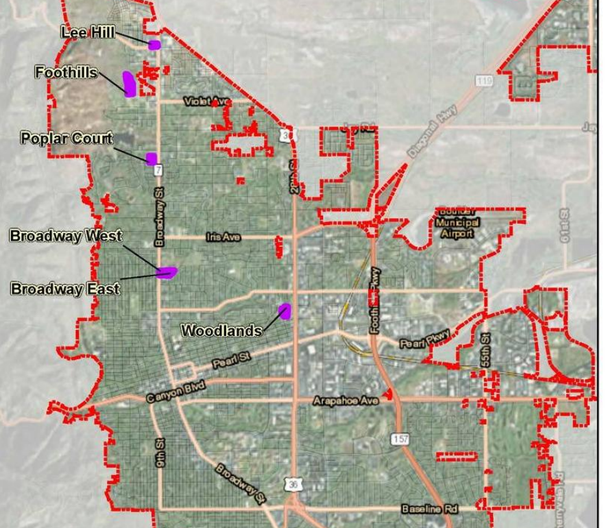 Map of the Boulder Housing Partners affordable housing study sites in Boulder
