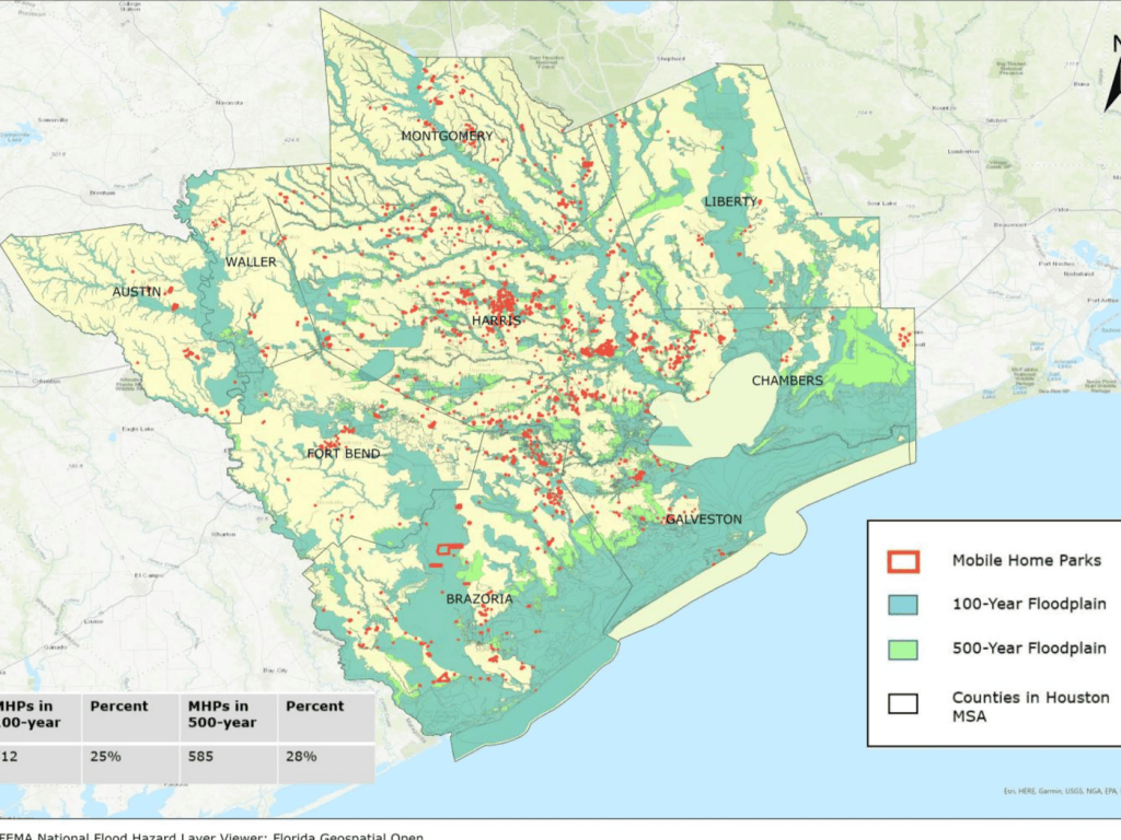 Map of mobile home parks and floodplains in the Houston region